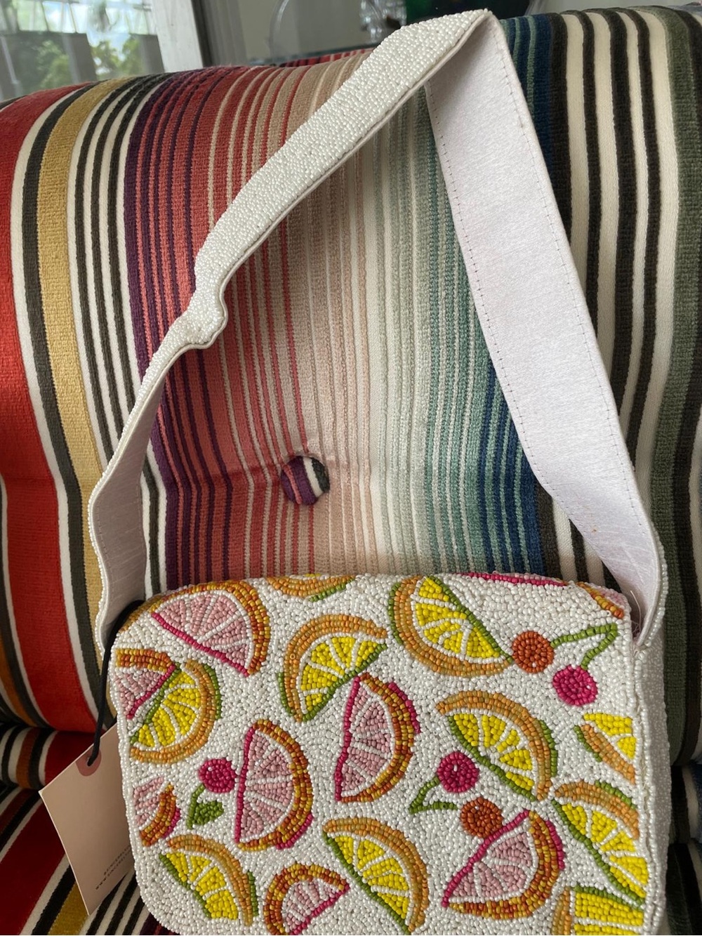 Beaded Citrus Print Shoulder Bag - White/Pink/Yellow - Picture 3 of 5